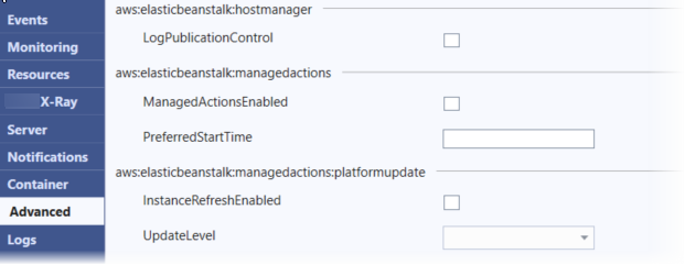
        Visual Studio Toolkit for Elastic Beanstalk 中高级配置选项面板的屏幕快照
      