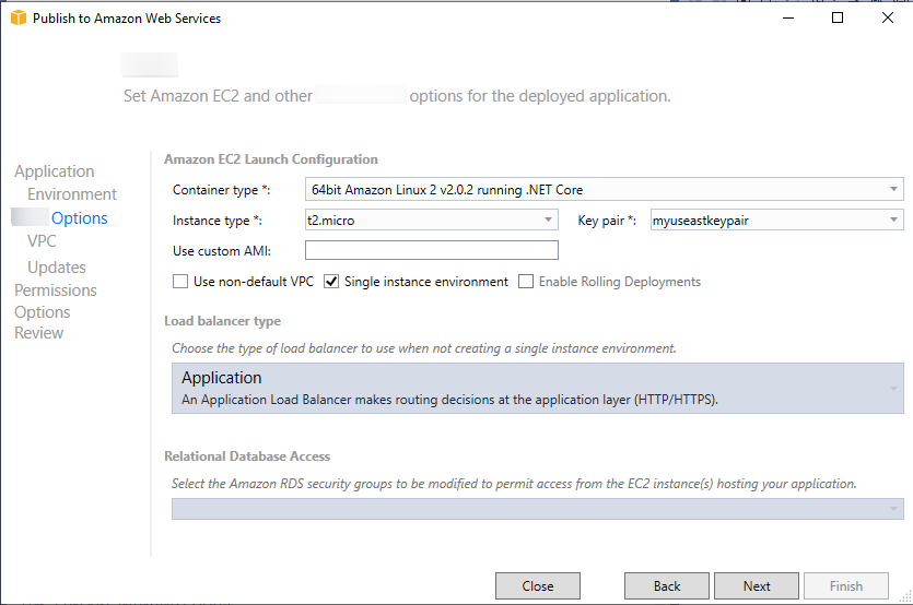 
            Visual Studio“Publish to Amazon Web Services”（发布到 Amazon Web Services）对话框屏幕截图。
          