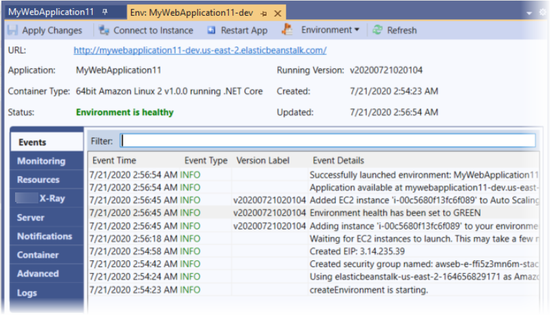 
        Environment（环境）选项卡中应用程序状态事件详细信息的 Visual Studio 屏幕快照。
      