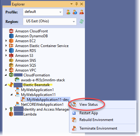 
            Visual Studio 中应用程序环境的 Elastic Beanstalk 上下文菜单屏幕截图。选择了 View Status（查看状态）。
          