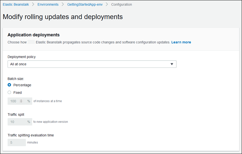 
            “modify rolling updates and deployments configuration (修改滚动更新和部署配置)”页面中的“Application deployments (应用程序部署)”部分
          