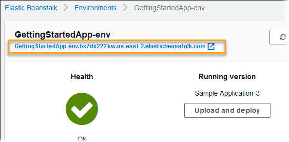 
      Elastic Beanstalk 控制台中的环境概述页面上显示了带 CNAME 的环境 URL
    