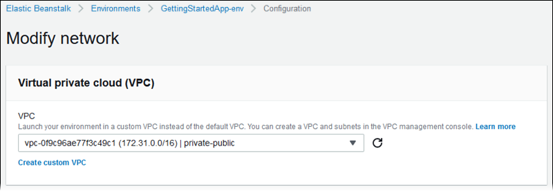 
          Elastic Beanstalk 控制台上的 Modify network（修改网络）配置页面中的“VPC”部分
        