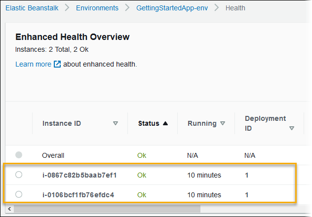 
              Elastic Beanstalk 控制台上的“Enhanced health overview (增强型运行状况概述)”页面，该页面显示了两个 Amazon EC2 实例
            