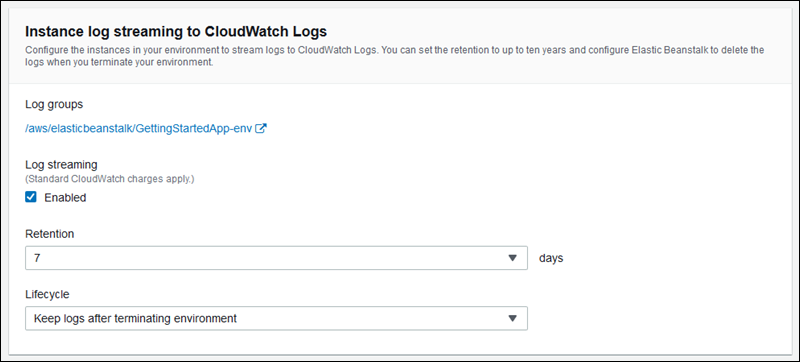 
        “Modify software (修改软件)”配置页面上的 CloudWatch Logs 设置
      