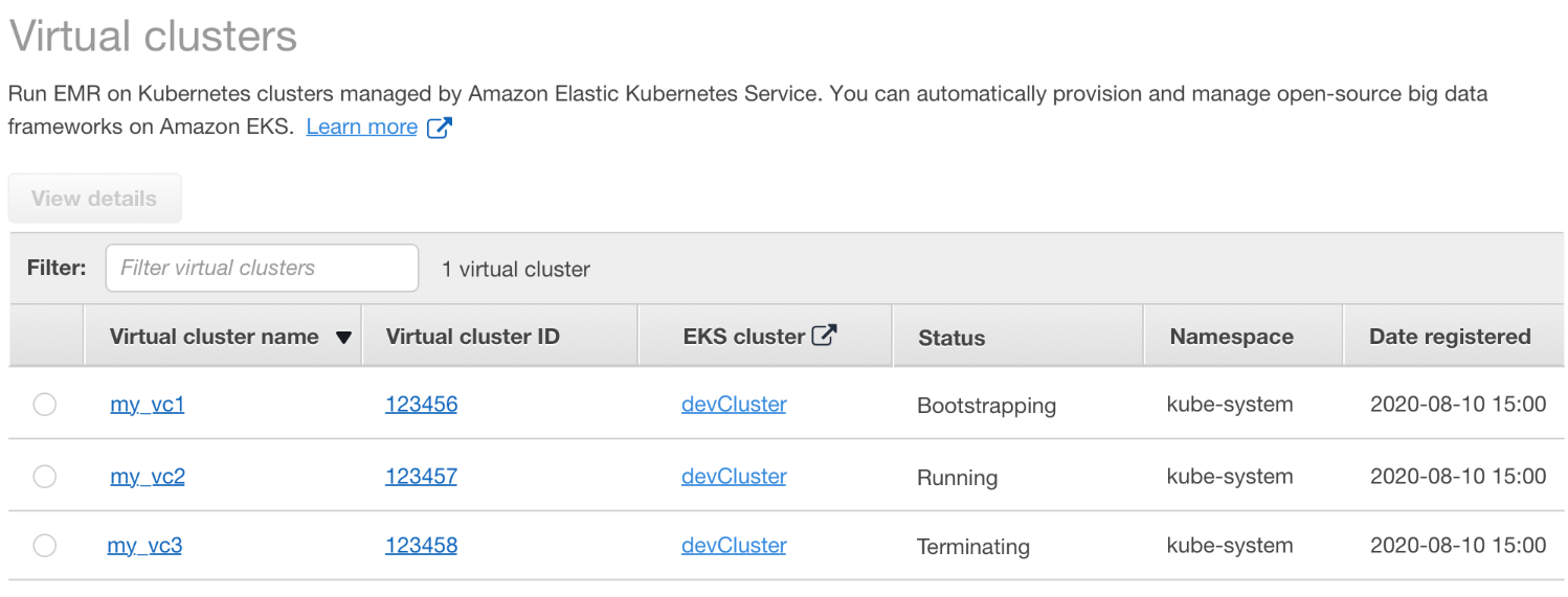 
        在 Amazon 控制台中查看 Amazon EMR on EKS 虚拟集群
      