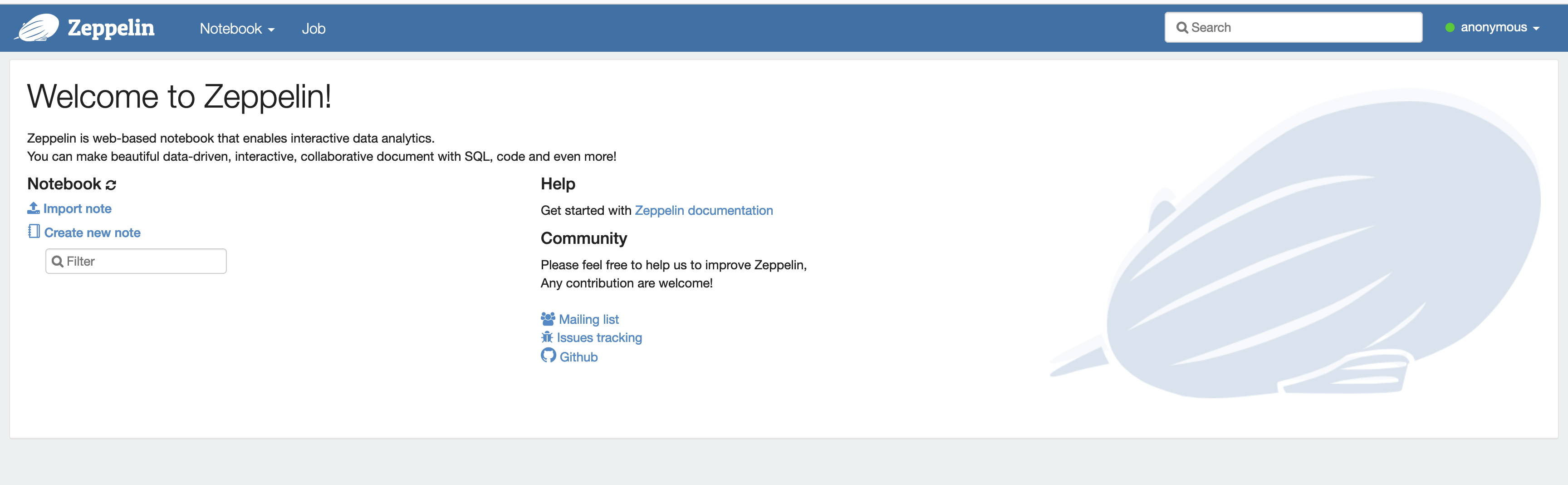 在 Zeppelin Web 界面上，您可以导入和创建新的笔记本。