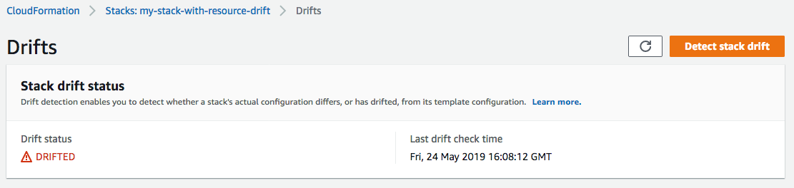 The Drifts page for the selected stack, showing overall stack drift status, drift detection status, and the last time drift detection was initiated on the stack or any of its individual resources.