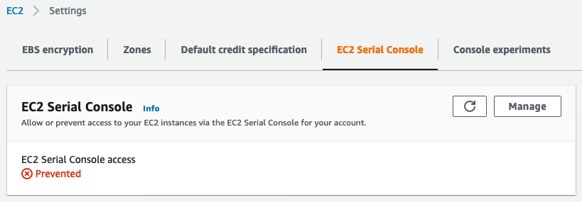 
                Access to the EC2 Serial Console is prevented.
              