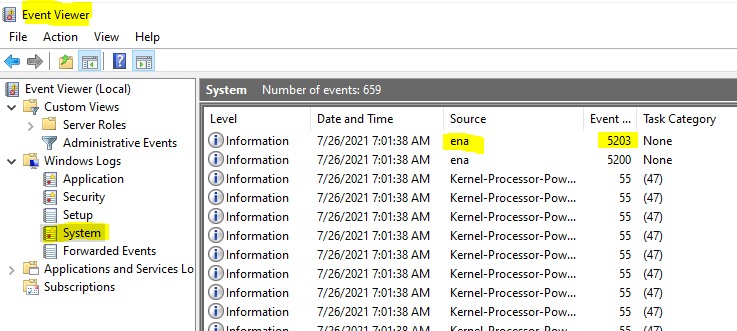 
					Example: ENA driver event shown in the Windows Event Viewer system messages list.
				