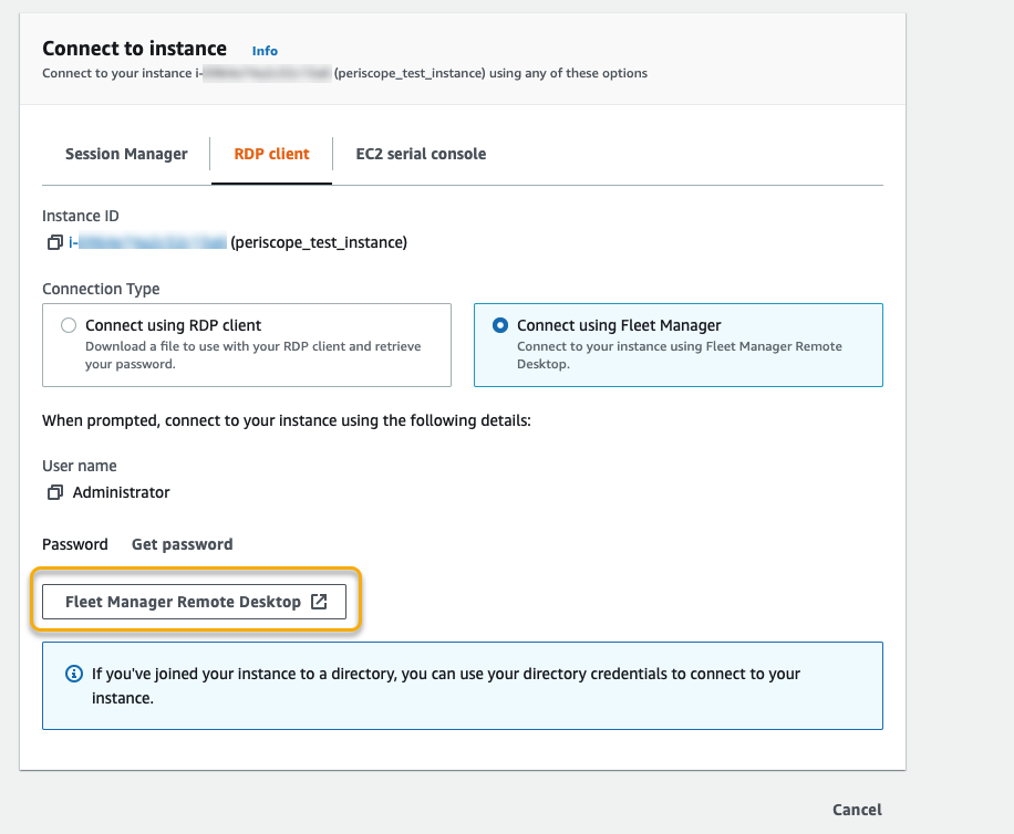 
						The connect to instance page in the EC2 console with the Connect 
							using Fleet Manager option selected and the Fleet Manager Remote 
							Desktop button.
					