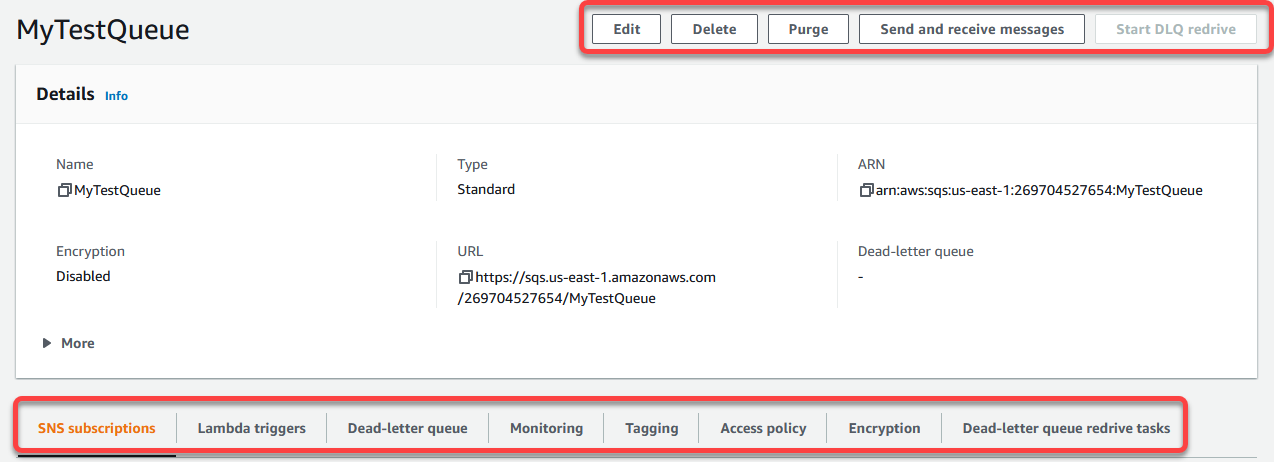 
				Queue details page in the Amazon SQS console
			