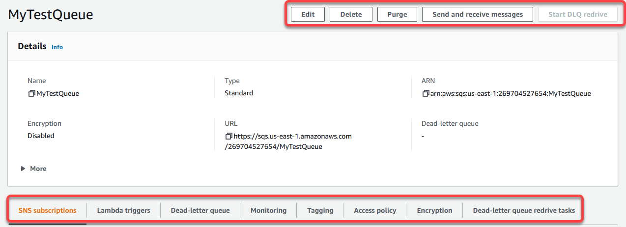 Queue details page in the Amazon SQS console