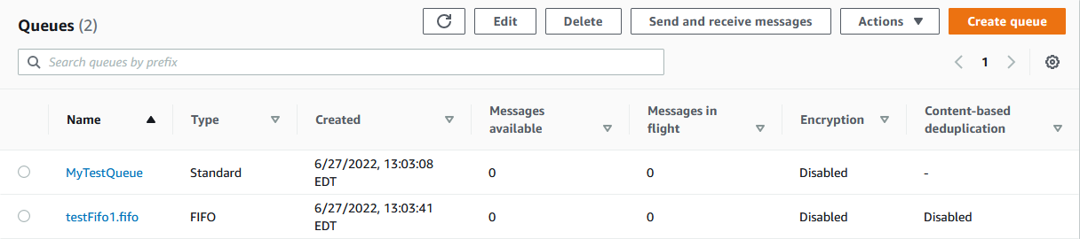 Queues page in the Amazon SQS console