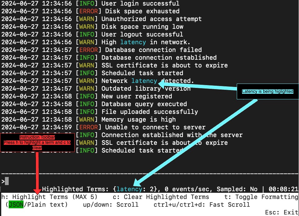 A screenshot of an interactive Live Tail session, with log events listed on the screen and every occurrence of 'latency' highlighted.