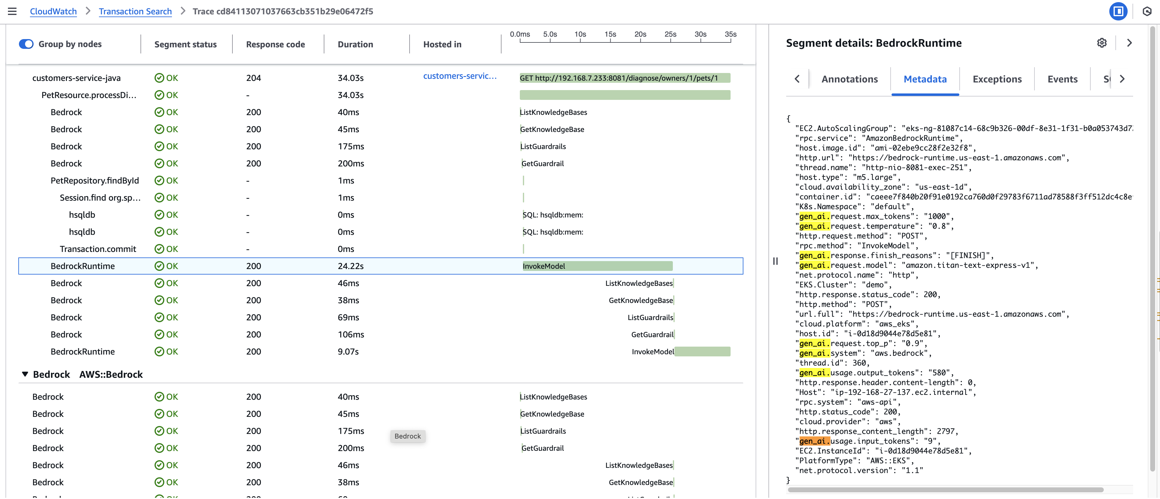 GenAI attributes using Application Signals.