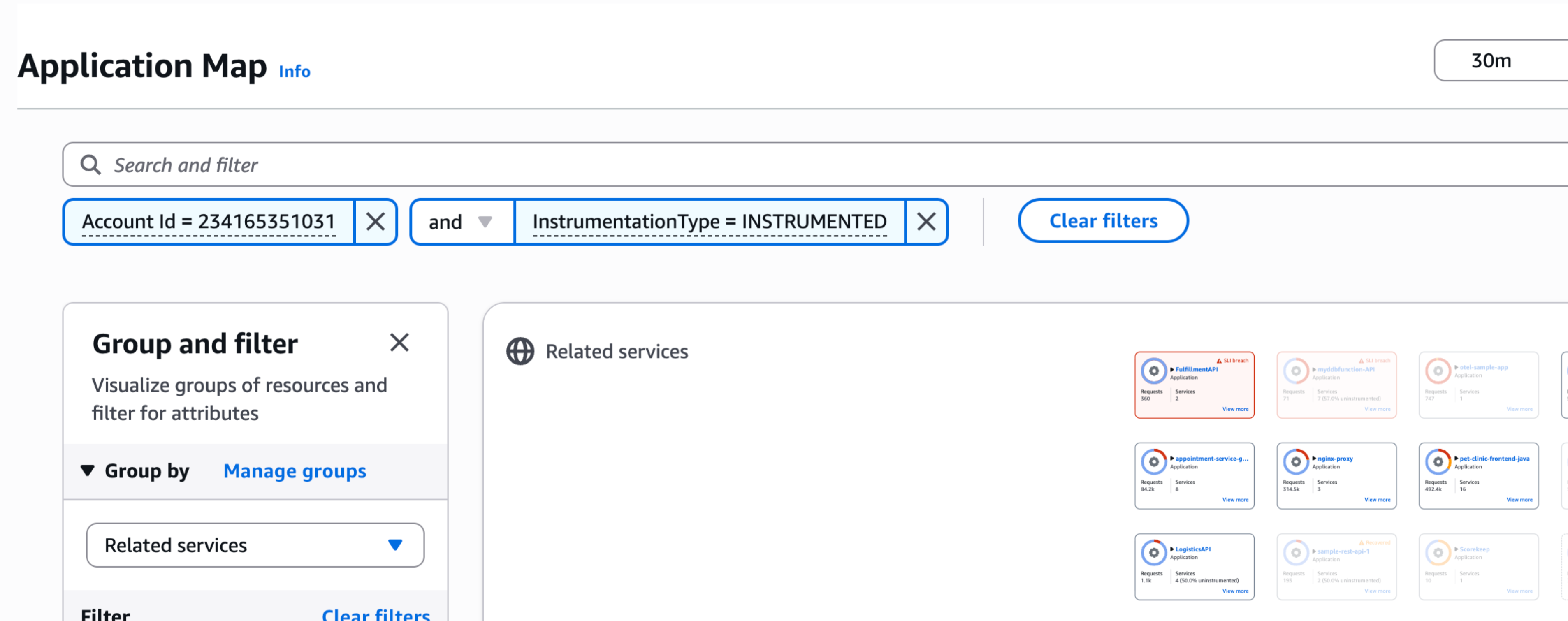 Filter services by account on the application dashboard