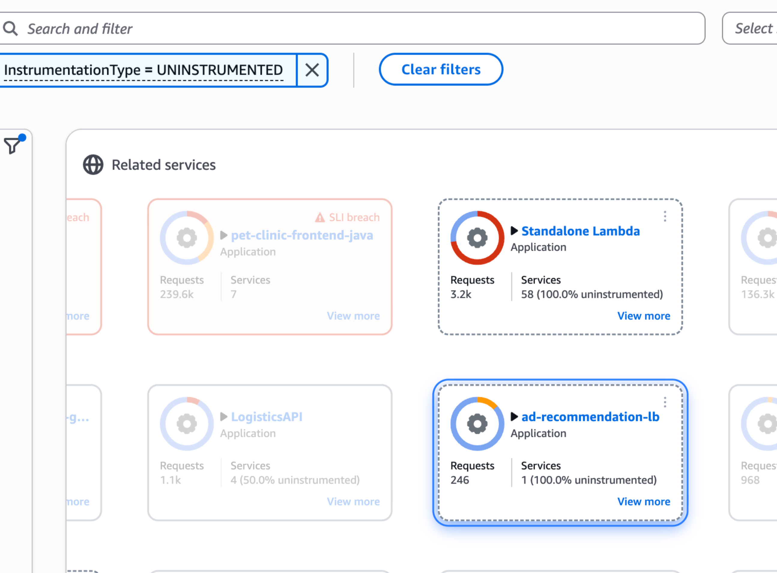 Filter by uninstrumented services on application map