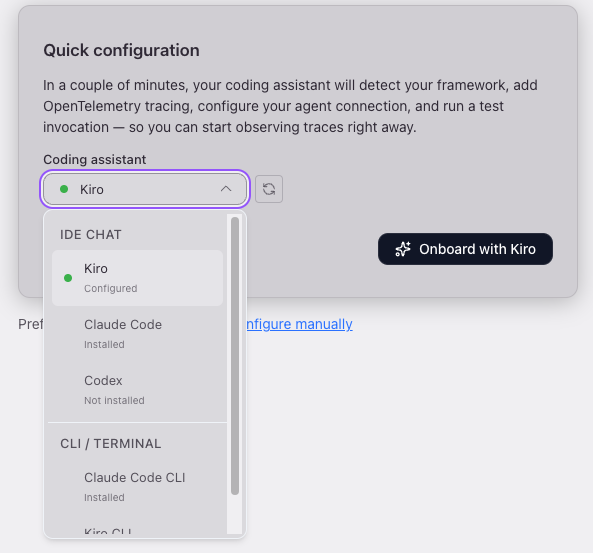 The extension's onboarding view listing the setup steps, with framework detection and instrumentation complete and the connect-to-agent step in progress.