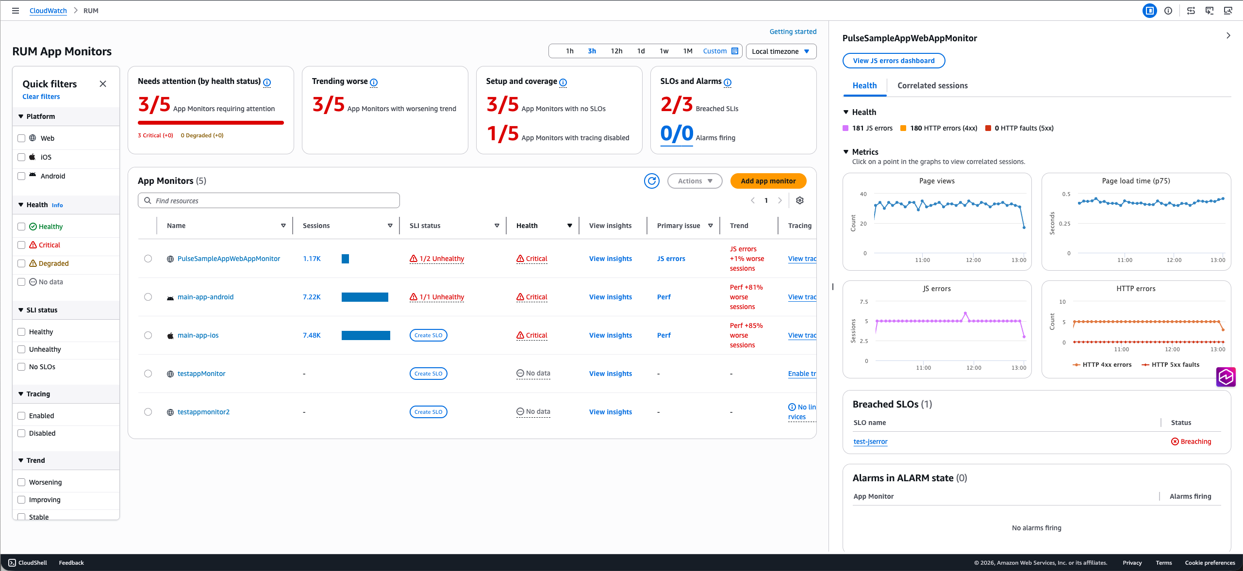 The diagnostic side panel showing the Health tab with error breakdown and metrics graphs