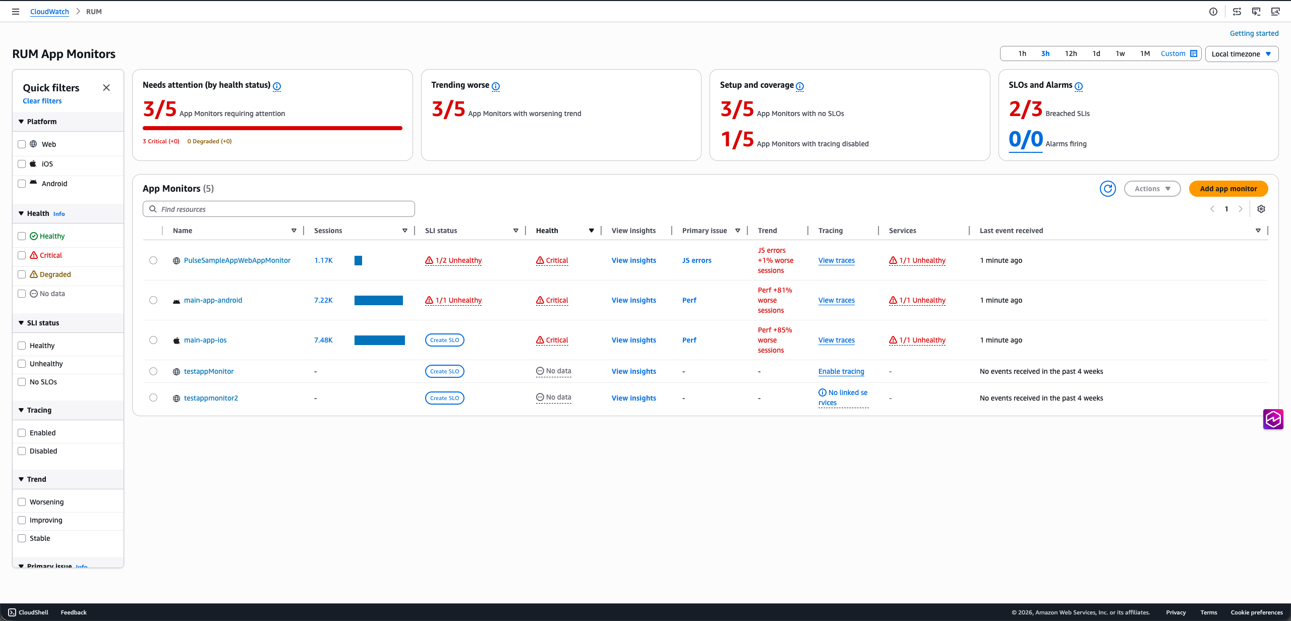 The RUM Overview page showing summary cards, quick filters, and the App Monitors table