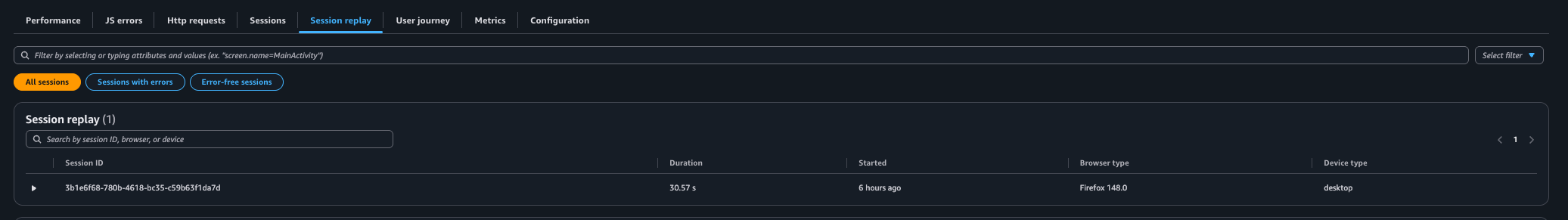 The Session replay tab in the CloudWatch RUM console showing a list of recorded sessions with session ID, duration, start time, browser type, and device type.