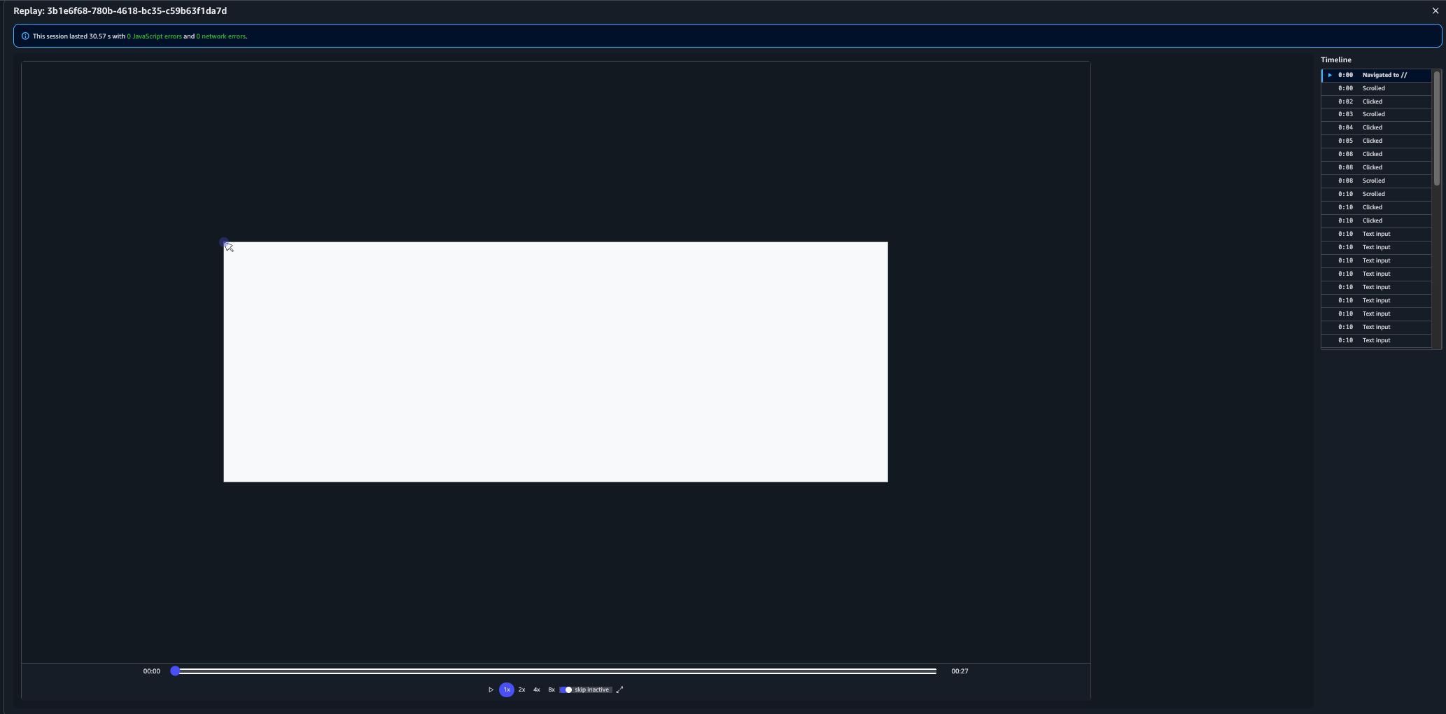 The session replay player showing a visual playback of a user session with playback controls and a timeline of user interactions including scrolls, clicks, and text inputs.