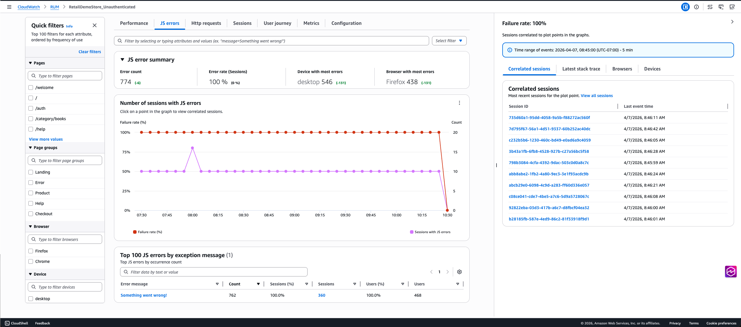 JS errors tab showing error count, failure rate chart, diagnostic panel, and top 100 JS errors table