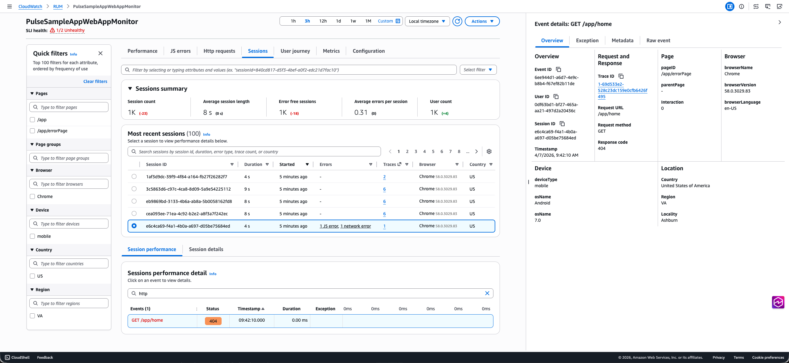 Sessions diagnostic panel showing traceId link and Exception tab with stack trace