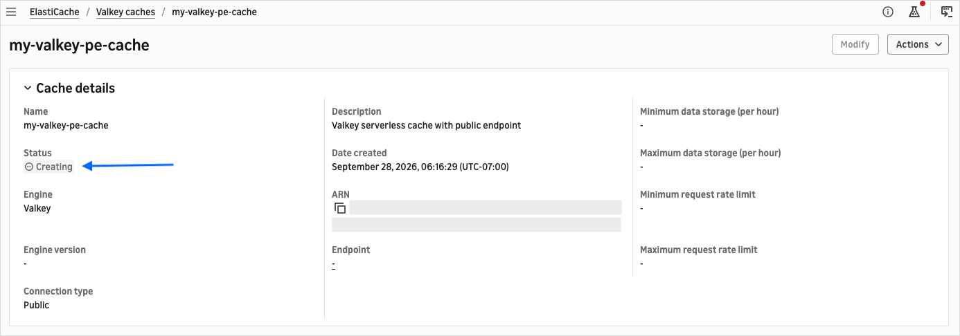 The Cache details page showing the cache status as Creating.