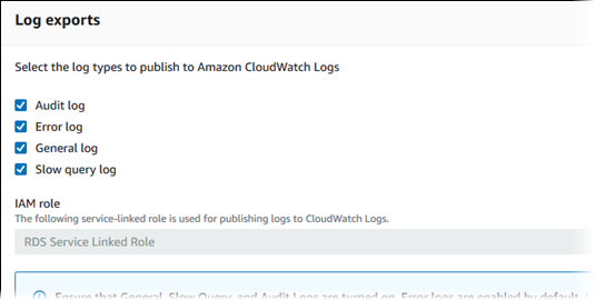 
						Choose the logs to publish to CloudWatch Logs
					
