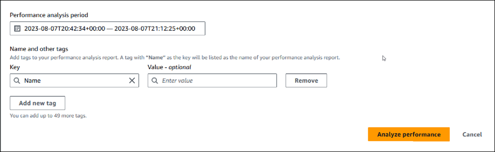 
						Performance Insights dashboard showing fields to create analysis report
					