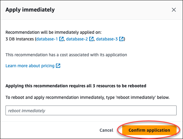 The confirmation window in the console to apply the recommendation immediately