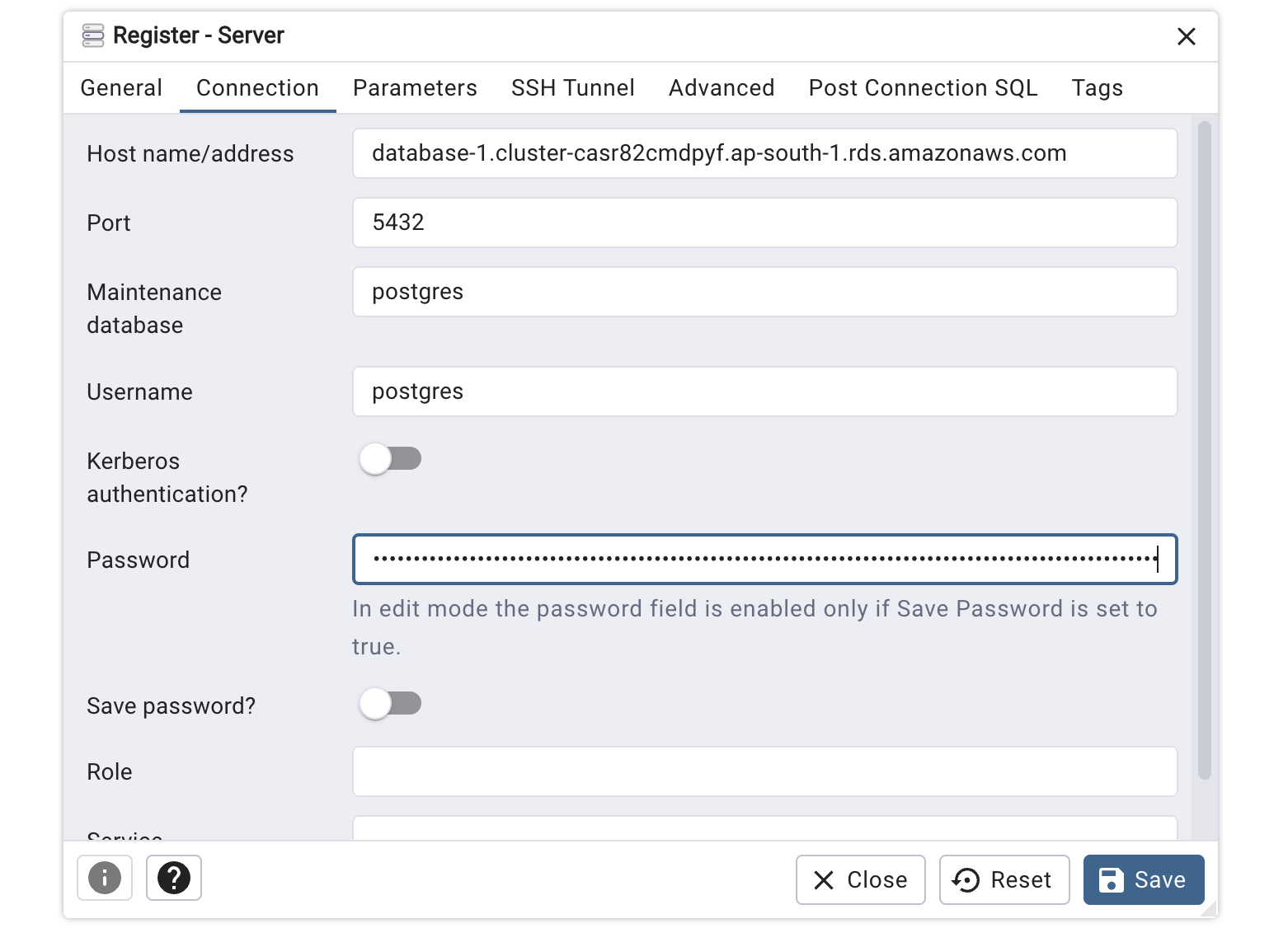 The pgAdmin connection dialog with server details.