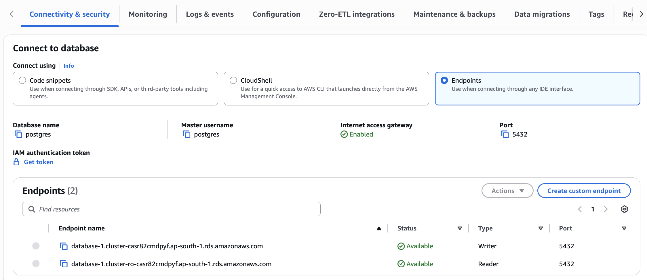 The Endpoints tab showing writer endpoint, port, and database details.