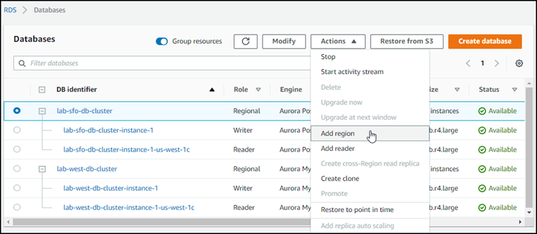 
                Screenshot showing provisioned DB cluster with "Add region" chosen from Action menu. 
              