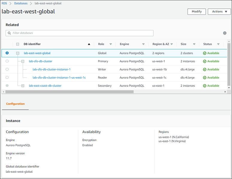 
      Screenshot showing a selected Aurora global database and its configuration
        settings in the Amazon Web Services Management Console.
    