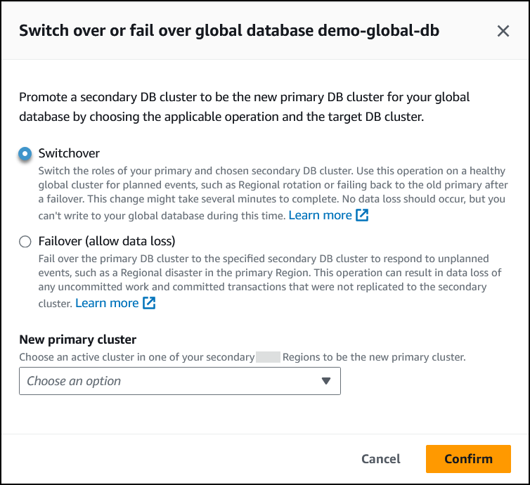 The Switch over or fail over global database dialog, with Failover (allow data loss) selected.