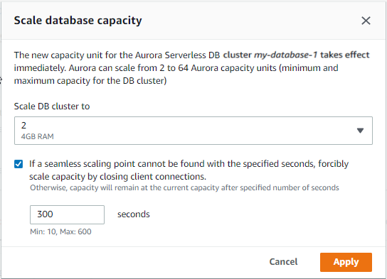 
                    Setting capacity for an Aurora Serverless v1 DB cluster with console
                  