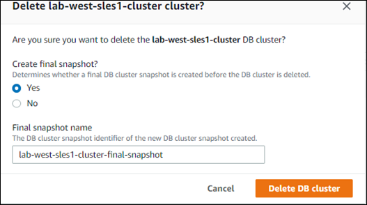 
                Screenshot of deleting Aurora Serverless v1 database cluster
              