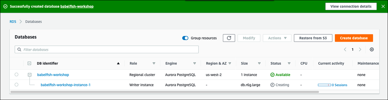 An Aurora PostgreSQL cluster with Babelfish running.