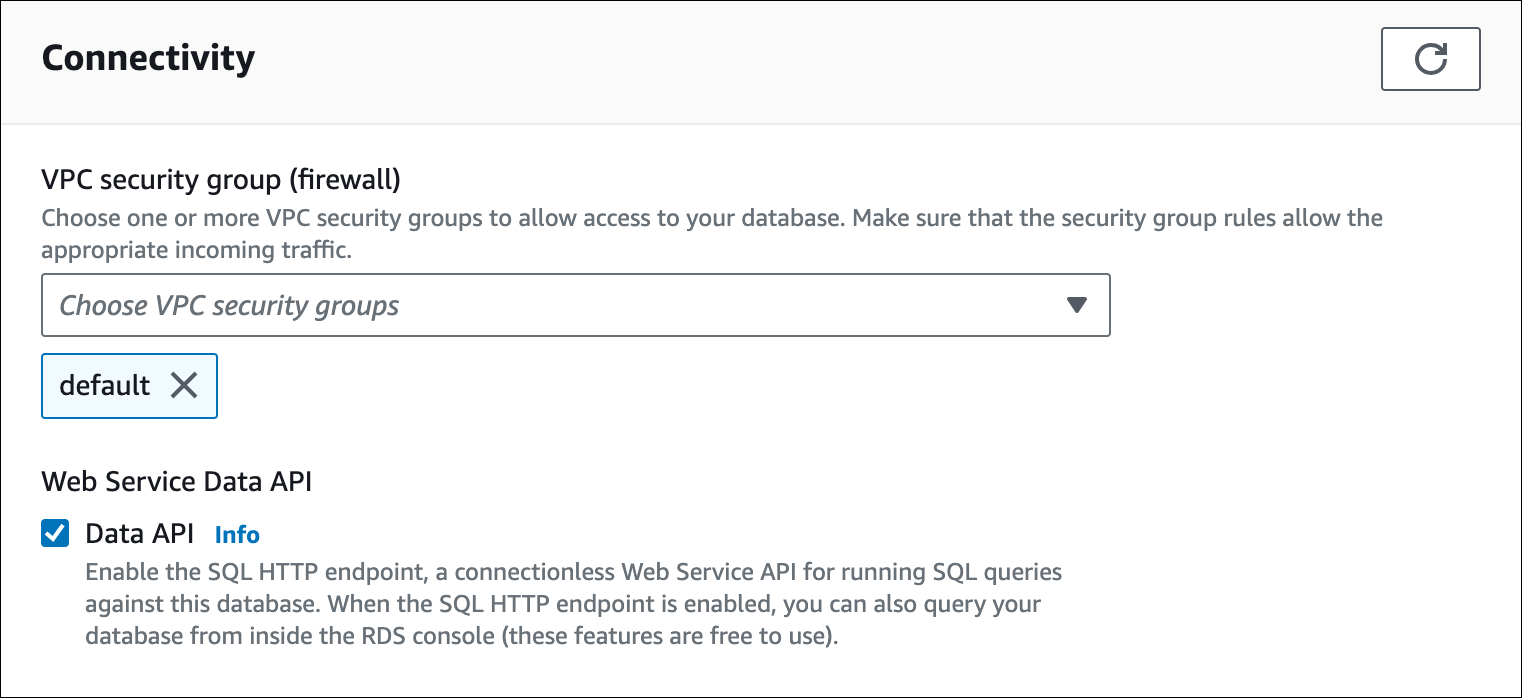 
                                The Connectivity section on the Modify DB Cluster page, the
                                    Data API checkbox is selected.
                            