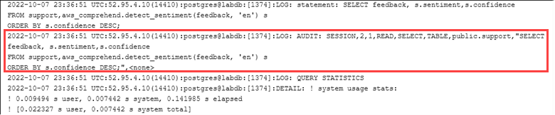 
      Image of the PostgreSQL log file after setting up pgAudit.
    