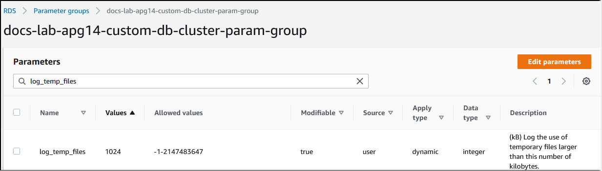 
        Image of custom parameter group with log_temp_files set to 1024kB.
      