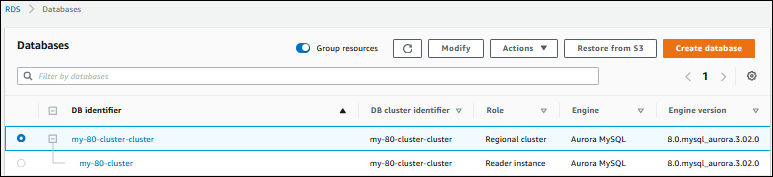 
                Restored DB cluster on the Databases page
            