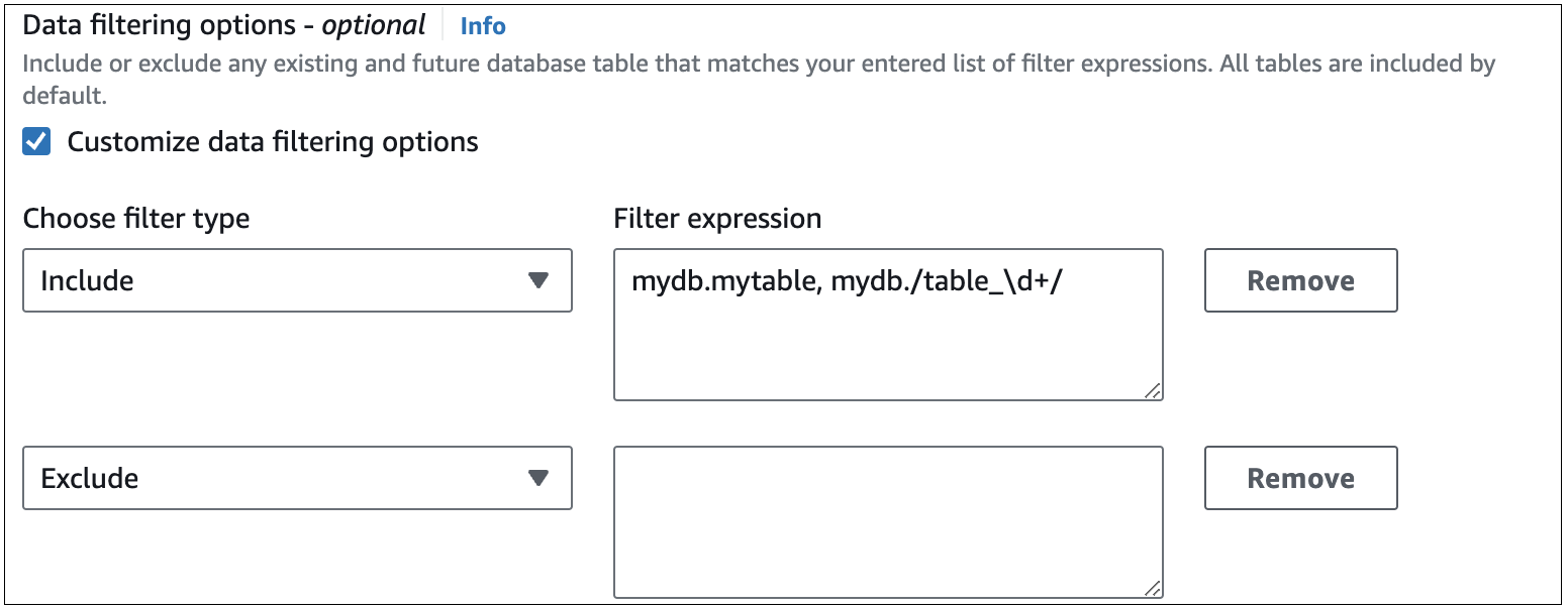 Data filters for a zero-ETL integration