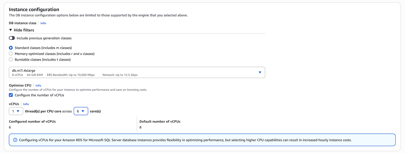 Database create page when setting OCPU settings