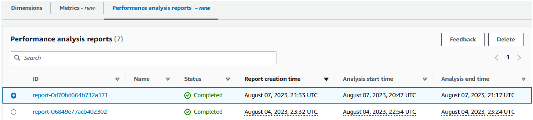 
						Performance Insights dashboard to delete with a report selected for deletion
					