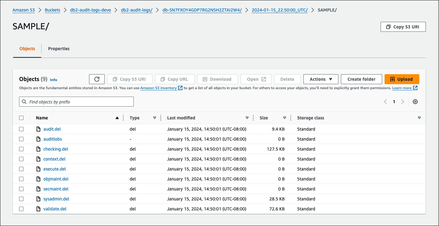 Amazon S3 console with objects tab selected, showing database level log files for the RDS for Db2 DB instance.