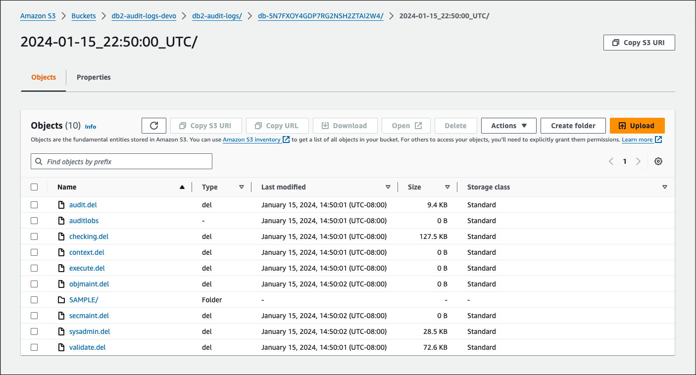 Amazon S3 console with objects tab selected, showing a list of folders for RDS for Db2 DB instance level log files.